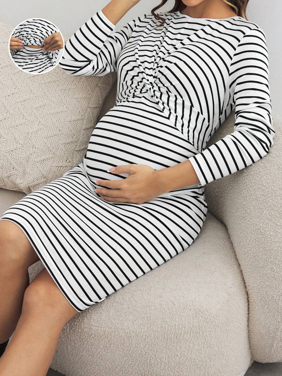 SHEIN Vestido largo ajustado de Body entero con rayas para mujeres embarazadas, para uso casual/trabajo, primavera/otoño - Blanco y Negro - Ver 1