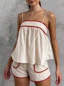 SHEIN Essnce 女士棉麻背心和短裤套装，配以撞色蕾丝花边，非常适合度假 - 杏色 - 查看 5
