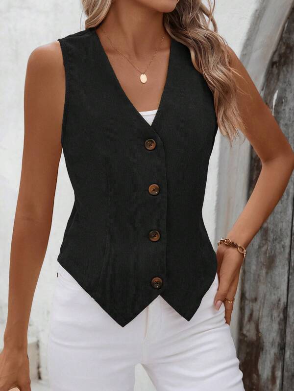 EMERY ROSE Solid Button Front Vest Blazer Corduroy , Black
