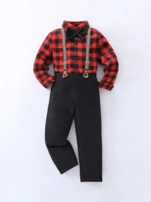 SHEIN Conjunto de 2 peças/conjunto de camisa xadrez casual preta e vermelha para meninos adolescentes com botões e calças suspensórias, adequado para primavera e outono, casual, diário, ao ar livre, escola, festa, casamento, natal, dia das bruxas e muito mais