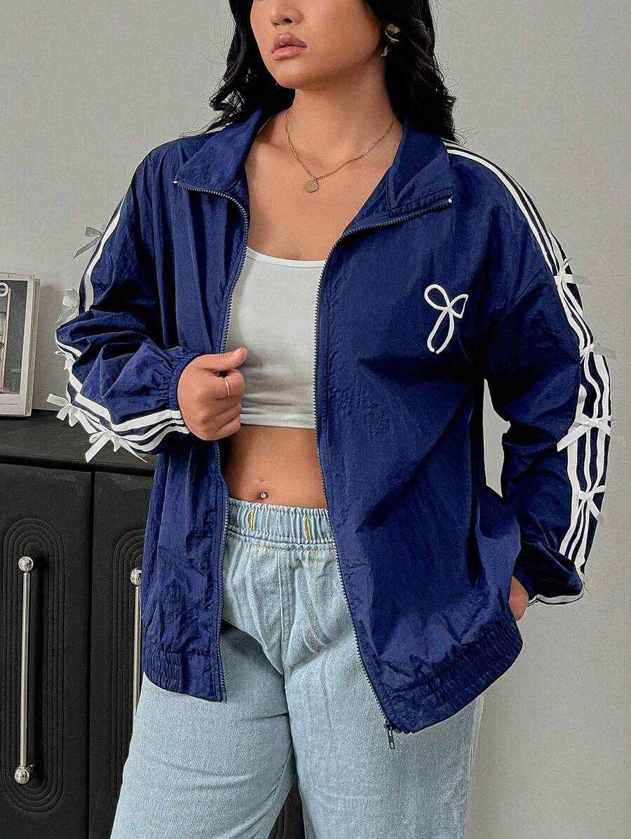 SHEIN Privé 大码舒适休闲日常街头运动芭蕾风格蝴蝶结衬衫海军蓝长袖轻便女式夹克 - 藏蓝色 - 查看 1