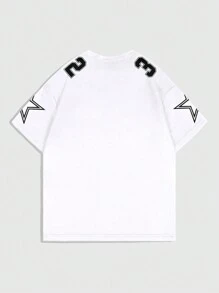 ROMWE MEN Prep Men's Summer Casual Letter Print Crew Neck Short Sleeve Football Jersey Style T-Shirt ,Graphic Tee