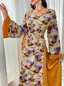 Al Najma Váy dài tay Ả Rập họa tiết hoa và trơn dành cho nữ, váy kaftan Jalabiya dài đến đầu gối, phong cách thanh lịch giản dị cho trang phục thường ngày/công sở/ngày lễ/tiệc tối/khách dự tiệc cưới - Nhiều màu - Xem 6