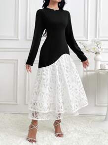 Modelyn Damen elegantes Farbkontrast-Spitzenkleid mit Patchwork, Frühling/Herbst