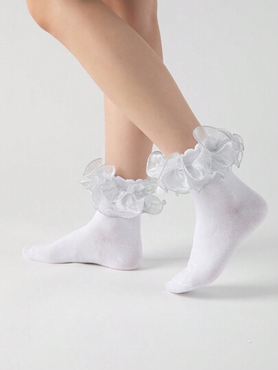 Kawaii Women's 3D Floral Trim Crew Socks