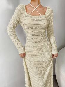 Modelyn 女士纯色长袖荷叶边领交叉优雅连衣裙，春夏长款女装 - 杏色 - 查看 5