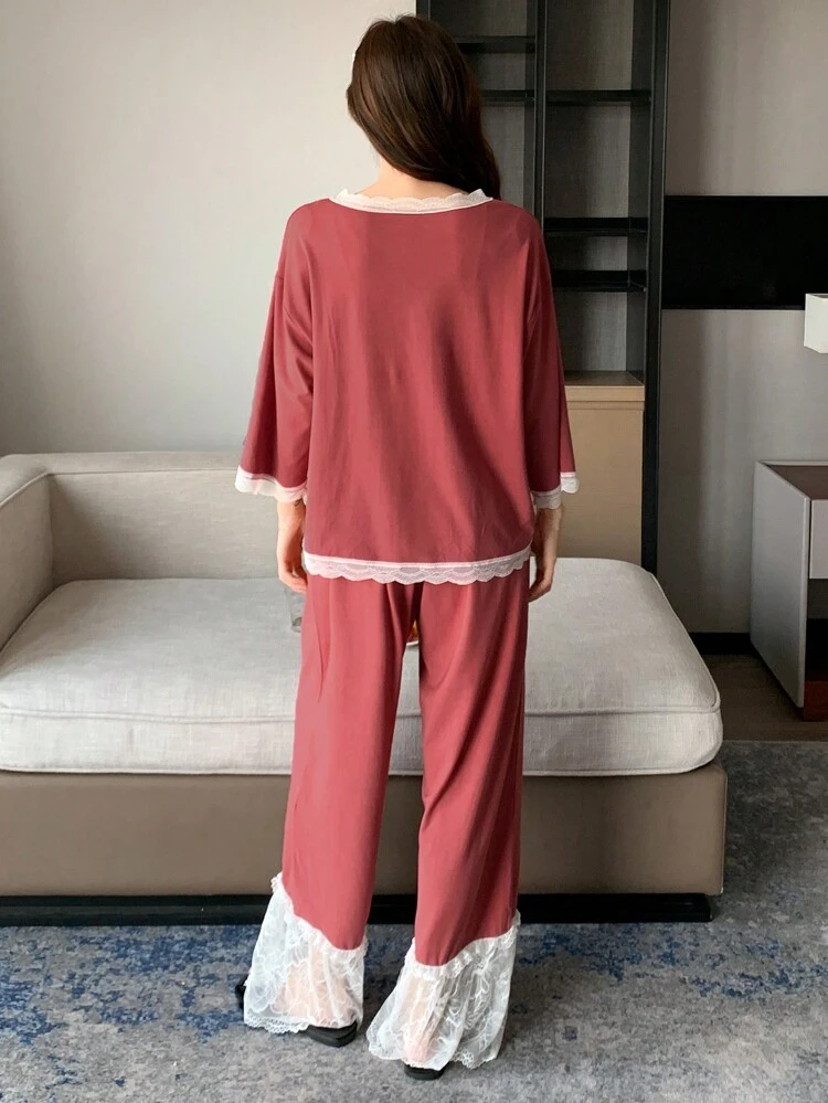 Women's Lace Patchwork V-Neck Drop Shoulder Sleepwear Tops And Pants 2-Piece Pajama Set