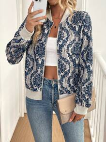 SHEIN LUNE 25+ Áo khoác họa tiết hoa thanh lịch giản dị Colorblock - Màu xanh lam - Xem 1