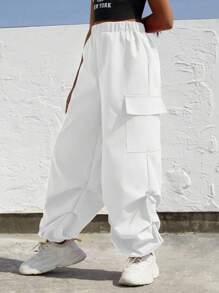 SHEIN Explorewe Spodnie casualowe dla dziewcząt w jednolitym kolorze z elastyczną talią i kieszeniami - Biały - Zobacz 5