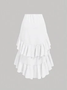 SHEIN MOD Women's  Creamy Apricot  Summer Skirt With High-Low Hem ,Drawstring Ruffled Layered,Party Skirt,Boho Skirt,Lunch Skirt - White - View 2