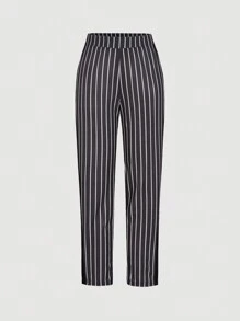 SHEIN Privé Set di blusa smanicata bicolore a righe e pantaloni con doppio petto per donna - Bianco e nero - Visualizzare 3