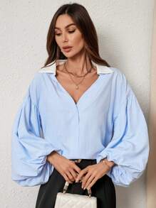SHEIN Privé Women's Elegant Resort & Office Stylish Lantern Sleeve Button V-Neck Polka Dot Print White Shirt Old Money Quiet Luxury Fall Clothes Work Women Blouses Fall Blouses. White Collar Shirt