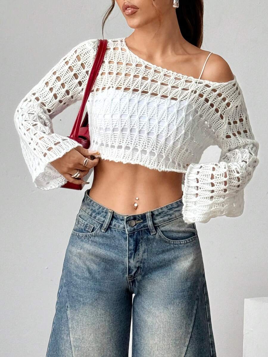 SHEIN Unity 女士纯色镂空不对称领长袖短款毛衣，春夏