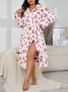 SHEIN Plusstorlek Dubbelsidig Fleece Hjärtmönster Varm Morgonrock, För Höst Vinter, Mysig Outfit, Fluffig - Multifärgad - Visa 4