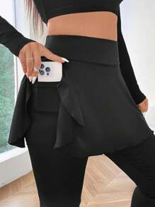 Flirla 大码纯色 2 合 1 口袋紧身裤 - 黑色 - 查看 3