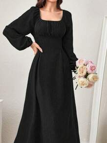 Modelyn 女士春夏纯色褶皱灯笼袖连衣裙超长女士装长款晚礼服 - 黑色 - 查看 4