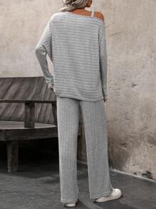 Chiquease Set de 2 piezas Conjunto de ropa interior térmica con top de manga larga con hombros abiertos y diseño de alas de murciélago metálico junto con pantalones largos casuales para mujer en invierno - Negro - Ver 2