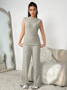 Teen Girls Solid Color Long Sleeve Cardigan, Vest And Ribbed Pants 3pcs Casual Outfit, Spring Autumn