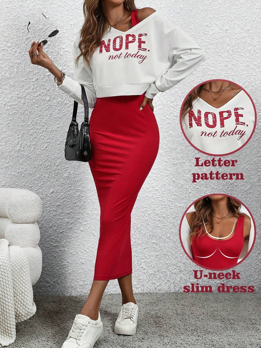 SHEIN LUNE 2 件套:不对称领口“NOPE”印花长袖上衣和纯色连衣裙,适合新年服装 - 紅色 - 查看 1