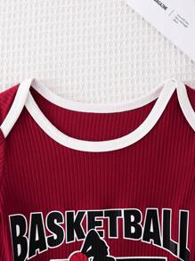 SHEIN 2pcs Boys Baby Casual Streetwear Digit & Letter Print Long Sleeve Jumpsuit With Hat, Suitable For Daily, Sports, Loungewear In Fall/Winter - Burgundy - View 4