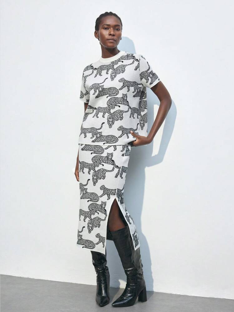 SHEIN Maija 2pcs Women's Leopard Jacquard Sweater Set