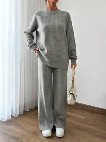 EURMUSE 2 件套女士纯色落肩长袖毛衣和提花休闲针织裤套装，秋冬 - 灰色 - 查看 6