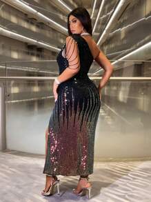 Viva Relle Plus Size Women Sequined Shoulder Cutout Feather Decorated Split Dress Maxi Women Outfit