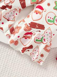 3pcs/Set Baby Girls Christmas Cartoon Santa Claus Tree & Snowman Print Ruffle Bodysuit + Waffle Fabric Bow Flared Pants & Headband, Winter - Red - View 5