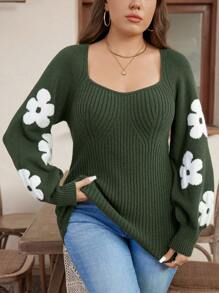 SHEIN LUNE Plus Size Women Floral Pattern Lantern Sleeve Casual Pullover Sweater, Fall Winter