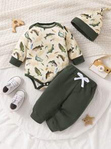 Baby Boy 3-delige set casual outfit - romper met lange mouwen, broek en hoed, met schattige onderwatervisprint, voor de herfst