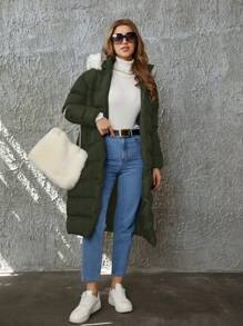 EURMUSE Women's Winter Splicing Fuzzy Hooded Long Sleeve Casual Padded Coat - Army Green - View 5