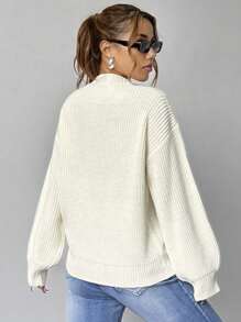 Flirla Women Loose Fit V-Neck Sweater,Long Sleeve Tops, Knit Pullover Fall Winter - White - View 2