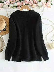 Chiquease Suéter de cuello redondo de manga larga con patrón de letras para mujer, otoño/invierno, jersey de punto de otoño - Negro - Ver 2