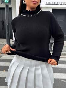Flirla Plus Size Casual Faux Pearls Decor Stand Collar Sweater For Spring & Fall Knit Pullover Fall Winter - Black and White - View 7