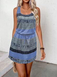 EMERY ROSE Women's Summer Color Block Tie Waist Sleeveless Casual Dress