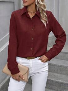 EMERY ROSE Women's Solid Color Button Front Long Sleeve Casual Shirt, Blouse,Long Sleeve Tops - Burgundy - View 3