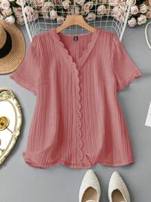 SHEIN LUNE Plus Lace Trim V Neck Blouse - Dusty Pink - View 1