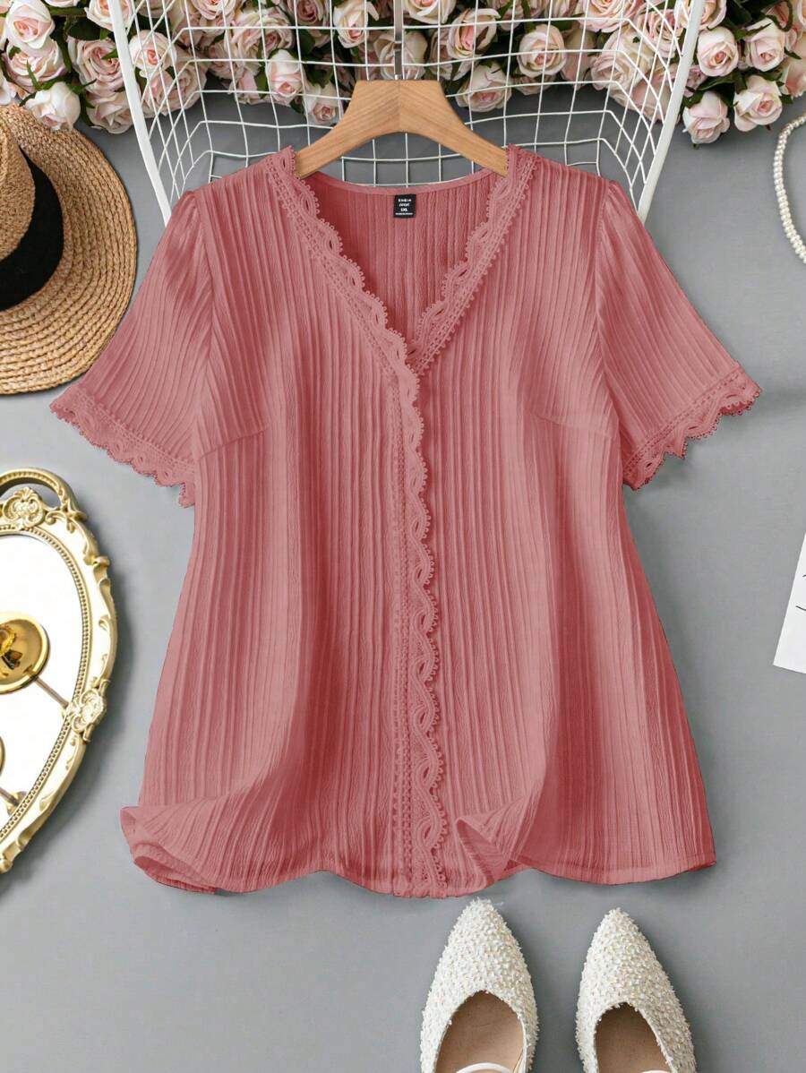 SHEIN LUNE Plus Lace Trim V Neck Blouse - Dusty Pink - View 1