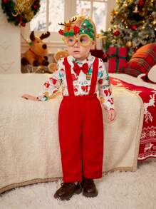 SHEIN 2 件套新生儿男童春秋时尚简约可爱派对绅士领结领衬衫印花围兜工作裤圣诞节节日服装套装 - 紅色 - 查看 1