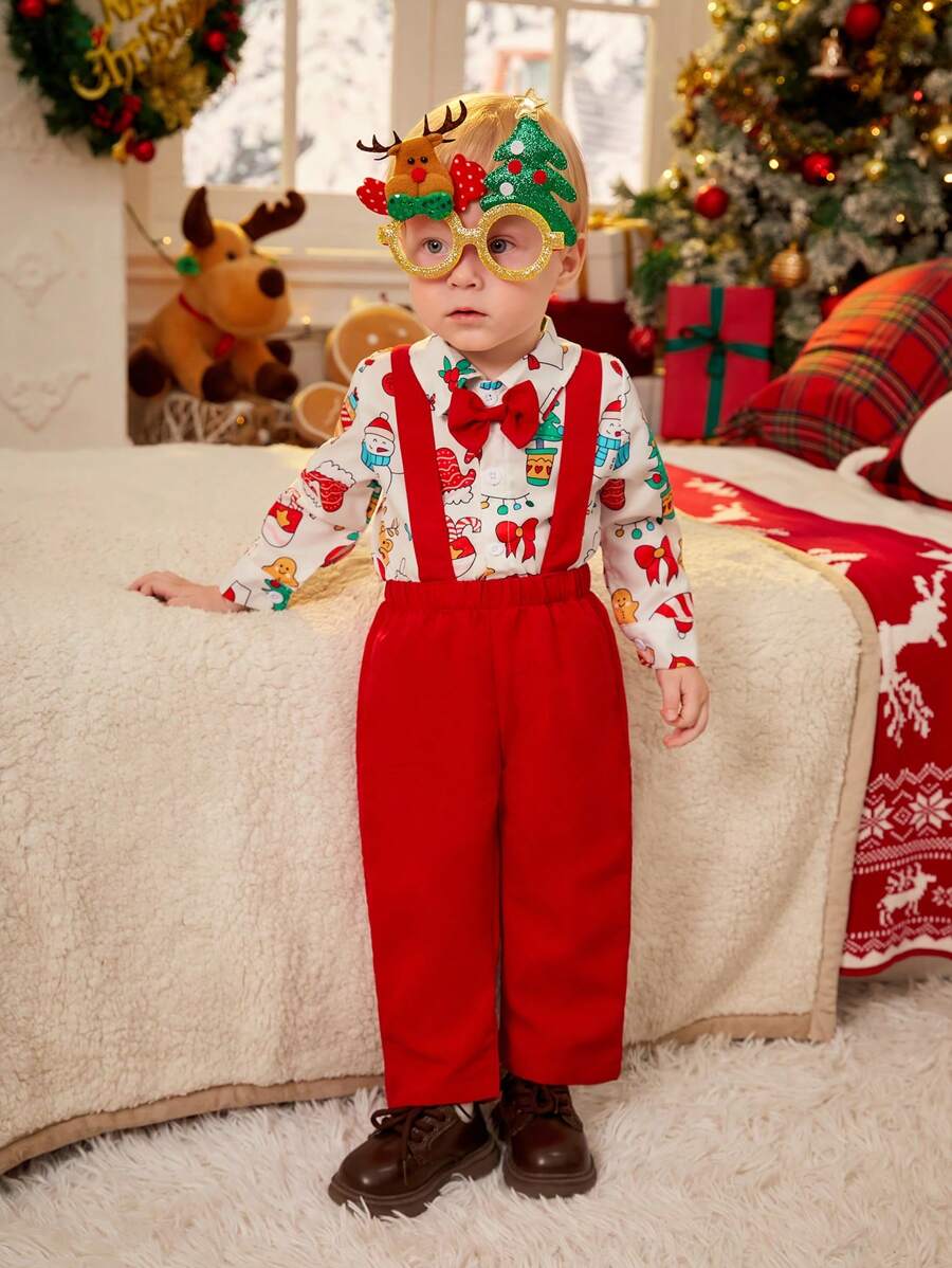 SHEIN 2 件套新生儿男童春秋时尚简约可爱派对绅士领结领衬衫印花围兜工作裤圣诞节节日服装套装 - 紅色 - 查看 1