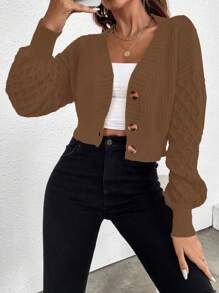 Chiquease 纯色短款开衫，棕色女款开衫 - 咖啡棕 - 查看 4