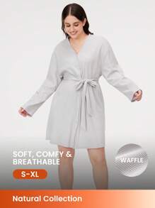 LUVLETTE 华夫格针织短款女士睡袍配领带棉质睡衣睡袍 - 淺灰色 - 查看 1