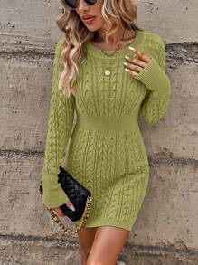 EMERY ROSE Solid Color Crew Neck Casual Long Sleeve Sweater Dress Fall Winter Cloth For Women - Green - View 5