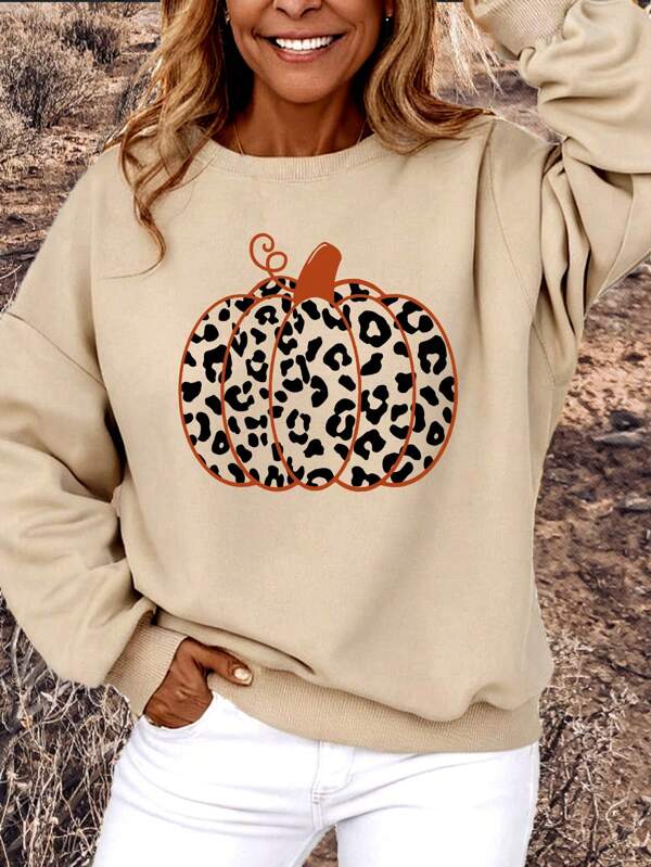 SHEIN LUNE Simple Casual Pumpkin & Leopard Printed Long Sleeve Oversized Crew Neck Thick Women Fall & Winter Sweatshirts, Halloween