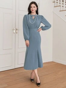 DAZY Bộ 2 áo hở vai và váy đuôi cá cho nữ, bèo nhún - Màu xanh lam - Xem 4