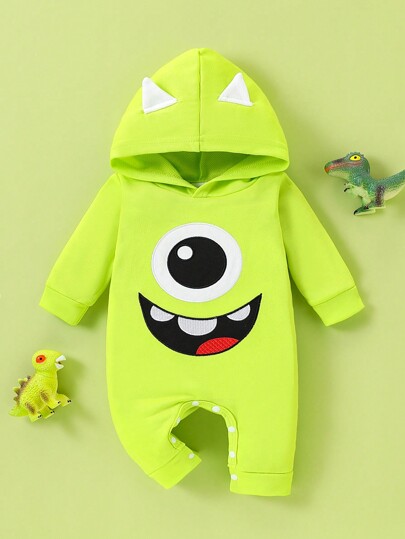 SHEIN Persoplay Kids Baby Boy Cute Monster Face Embroidery Design Hooded Long Sleeve Jumpsuit Outfit, Green, Suitable For Halloween Party, Photo Taking, Birthday, Autumn & Winter Wear