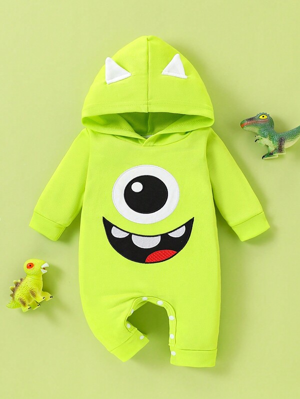 SHEIN Persoplay Kids Pelele con capucha de manga larga con diseño bordado de cara de monstruo lindo para bebé niño, color verde, adecuado para fiesta de Halloween, sesión de fotos, cumpleaños, uso en otoño e invierno