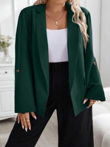 Celure Chaqueta de blazer elegante de oficina de unicolor con mangas con puño para mujeres de talla grande, primavera otoño - Verde Oscuro - Ver 4
