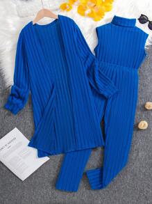 3pcs Tween Girls' Casual Elegant Versatile Warm Tank Top, Pants And Long Cardigan Set