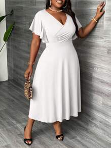 Slaydiva Đầm midi dáng xòe thanh lịch cỡ lớn có cổ chữ thập, chi tiết nhún bèo và tay áo nhún bèo, thích hợp mặc dự tiệc, mặc buổi tối và mặc hàng ngày, mùa xuân và mùa hè - trắng - Xem 4